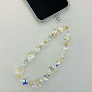 Beaded hand-held lanyard chain, phone wristlet strap  white butterfly